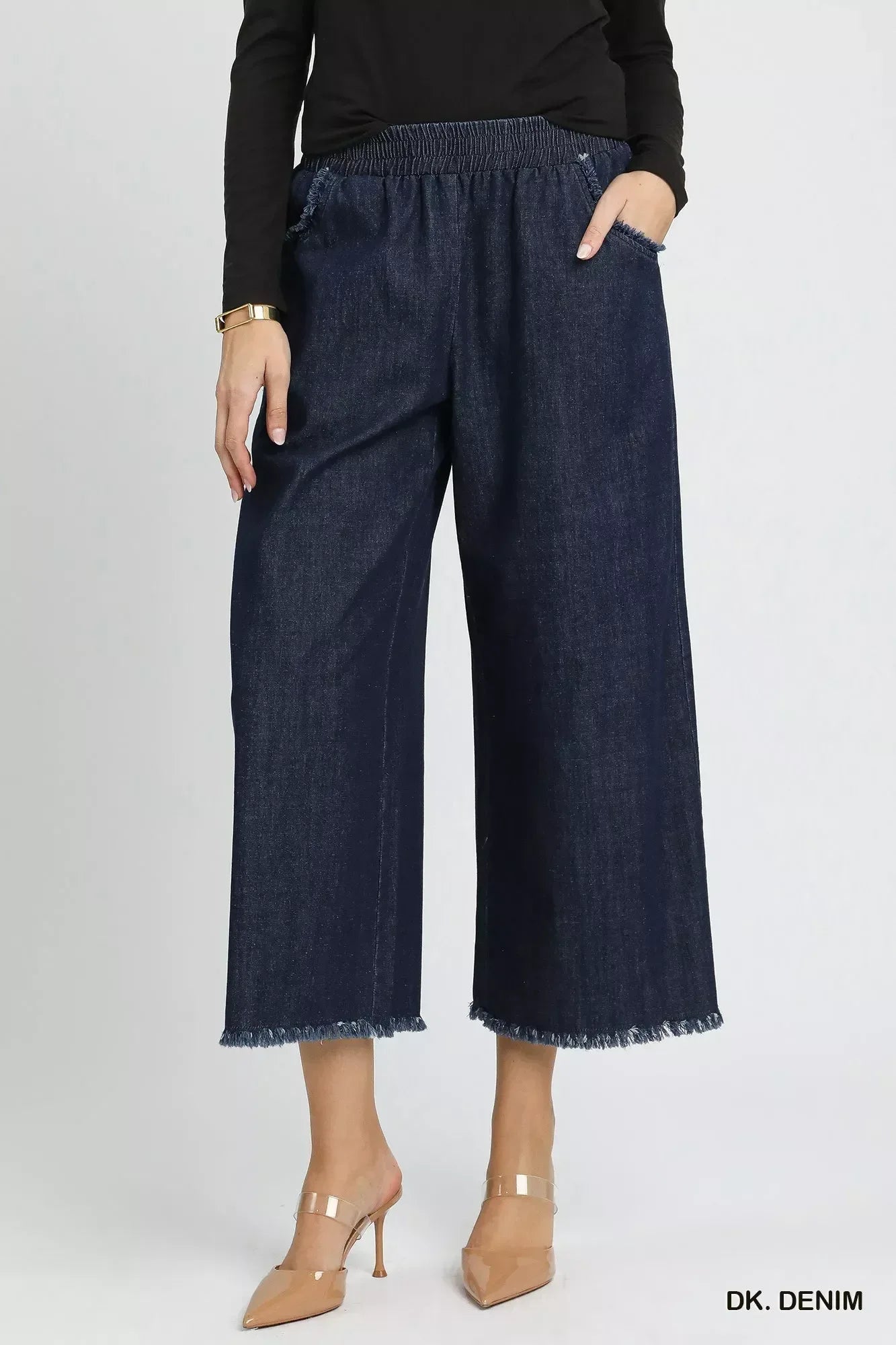 Umgee Washed Fringe Hem Wide Leg Jeans - DAVERRI FASHIONS