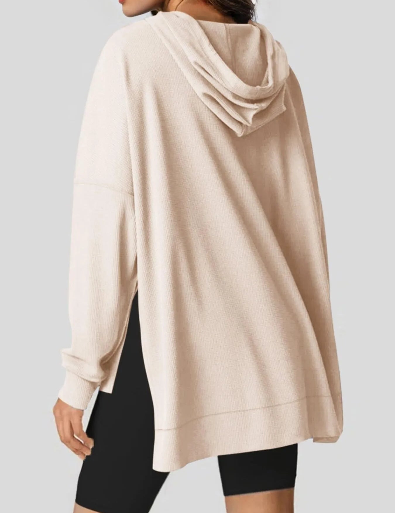 Slit Drawstring Waffle Knit Hoodie | Hoodies Daverri Fashions