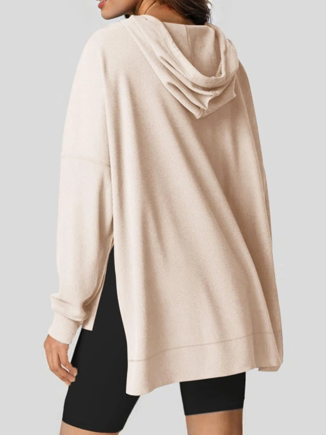 Slit Drawstring Waffle Knit Hoodie | Hoodies Daverri Fashions