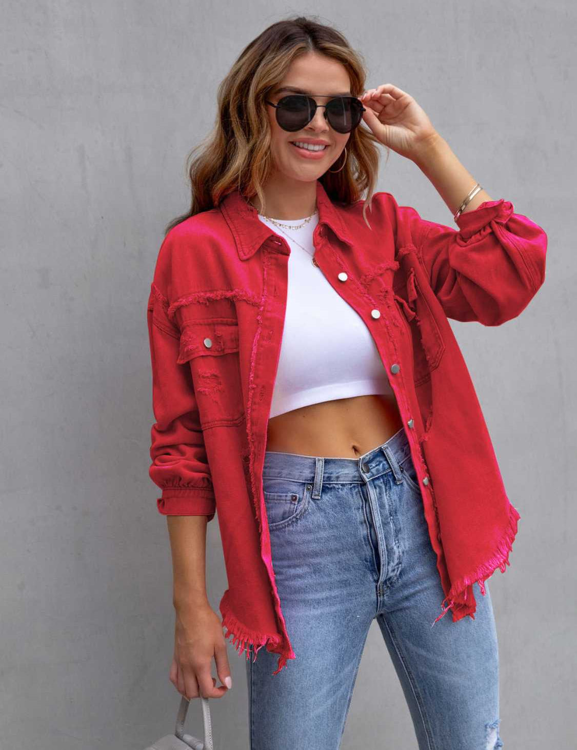 Deep Red Distressed Drop Shoulder Denim Jacket | Denim Jackets Daverri Fashions