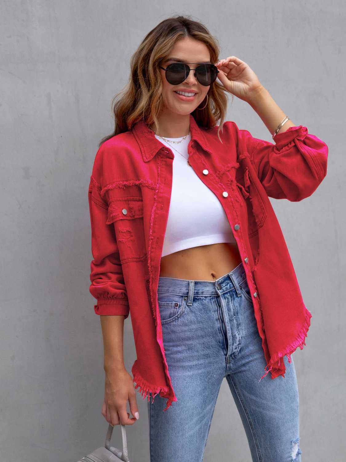 Deep Red Distressed Drop Shoulder Denim Jacket | Denim Jackets Daverri Fashions
