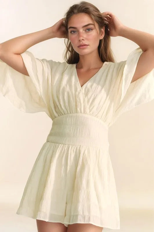 Davi & Dani Batwing Sleeve Waist Belt Romper Cream Rompers