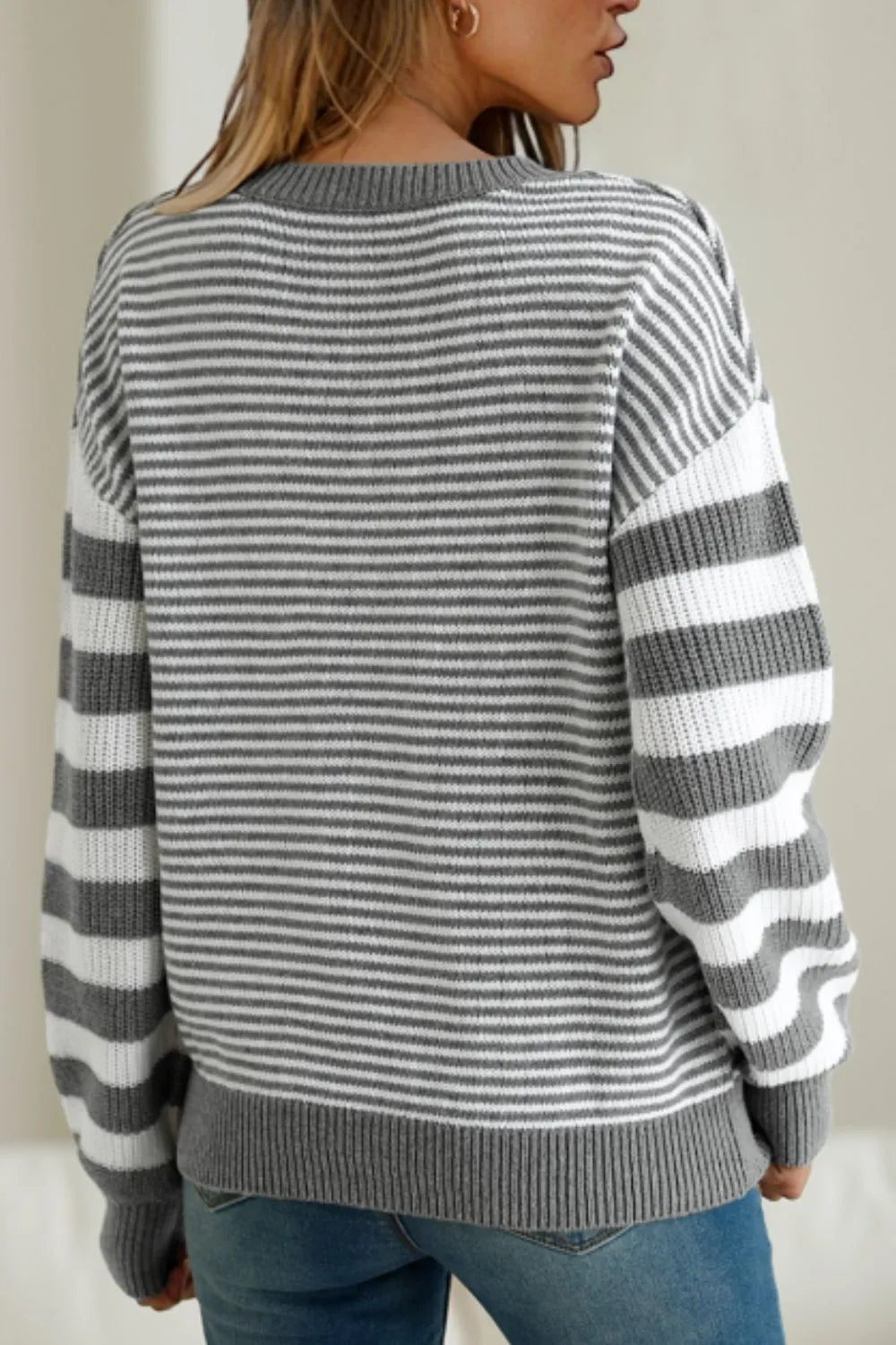 Striped Round Neck Dropped Shoulder Sweater | Sweaters Daverri Fashions