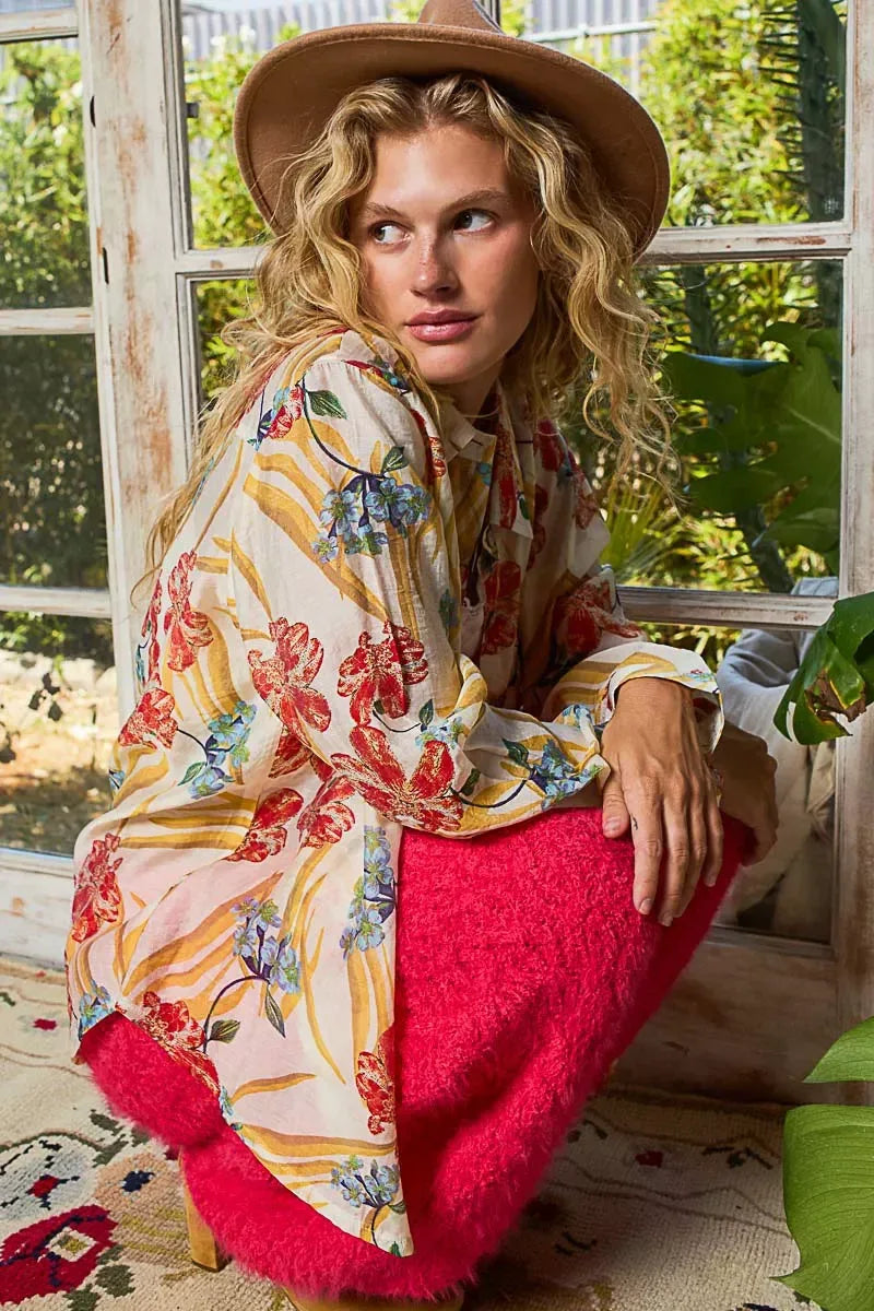 POL Floral Print Button Down Long Sleeve Shirt - DAVERRI FASHIONS