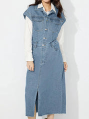 Slit Half Button Collared Neck Cap Sleeve Denim Dress | Midi Dresses Daverri Fashions