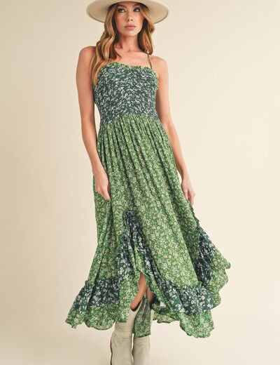 Aemi + Co Green Ditsy Floral Ruffled Hem Maxi Cami Dress Green Cami Dresses