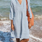 Light blue textured linen V-neck mini dress with 3/4 tied sleeves