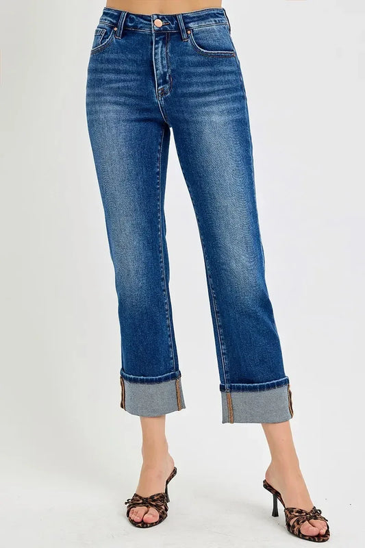 RISEN High Rise Ankle Straight Cuffed Jeans - DAVERRI FASHIONS