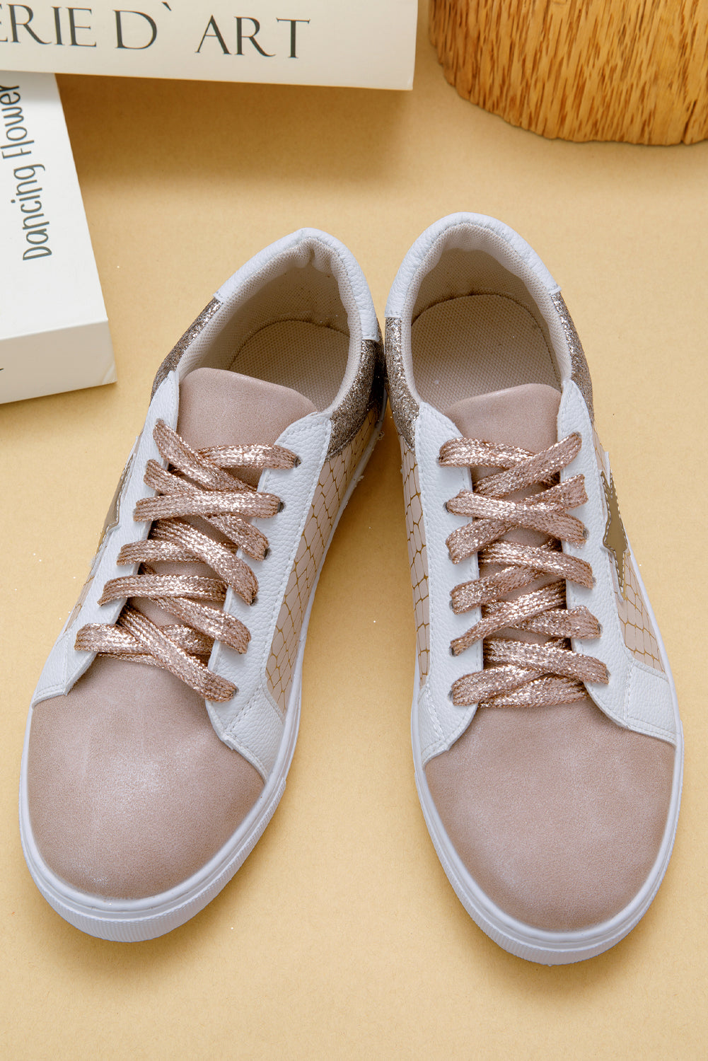 Gold Glitter Star Patchwork PU Leather Lace-up Sneakers | Sneakers Daverri Fashions