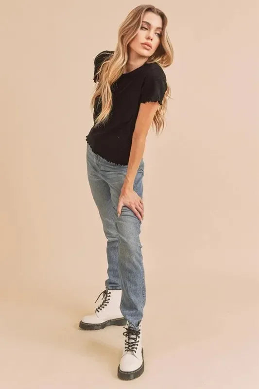 Aemi+Co Round Neck Lettuce Hem Short Sleeve T-Shirt - DAVERRI FASHIONS