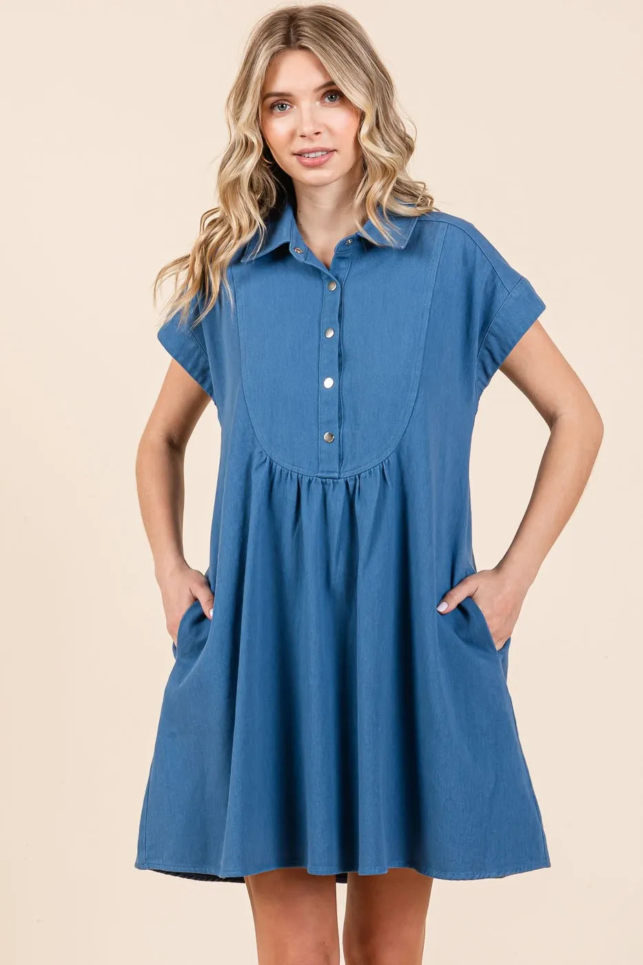 Mittoshop twill short sleeve collared mini dress in blue denim style