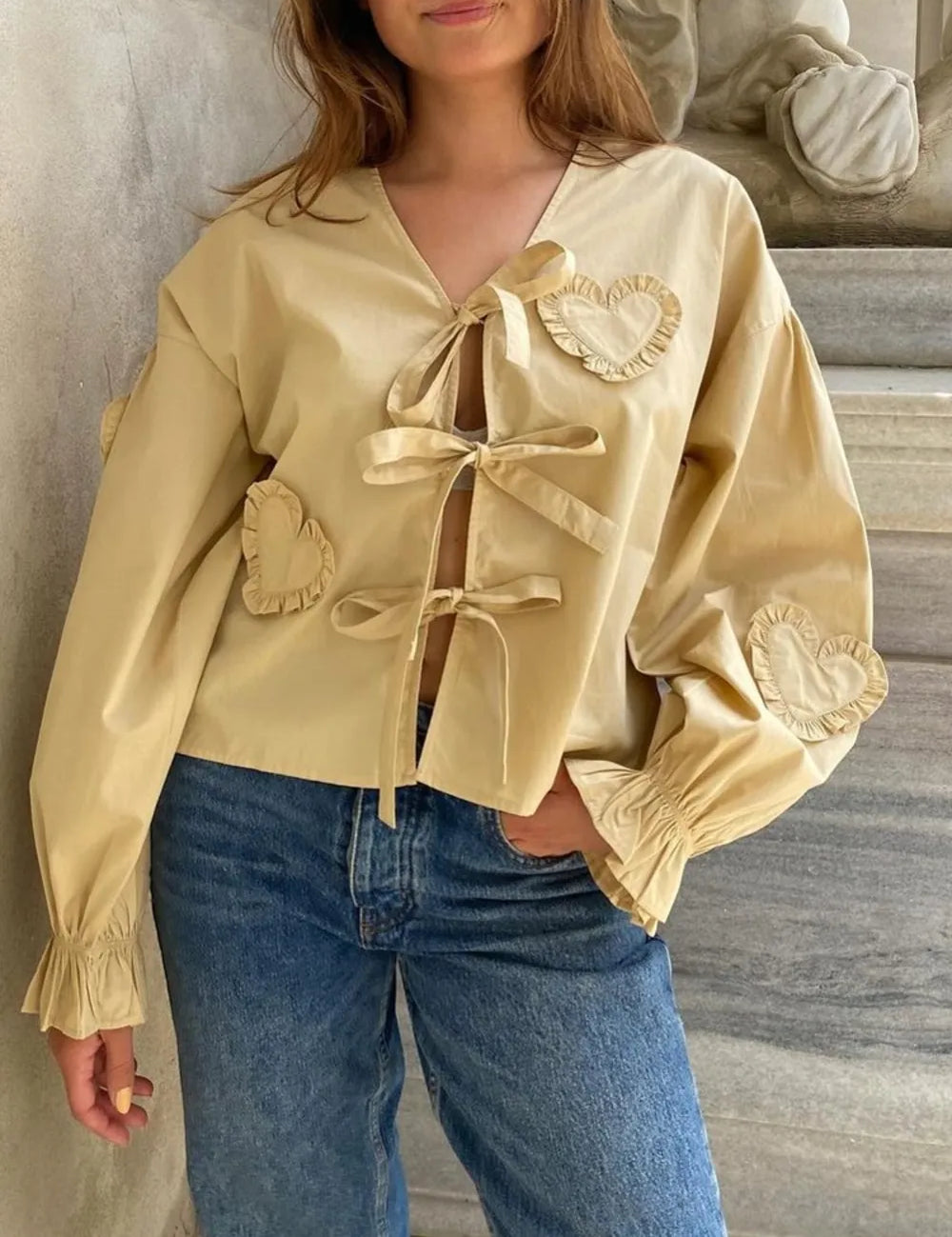 Pastel Yellow Tied Flounce Sleeve Blouse | Blouses Daverri Fashions