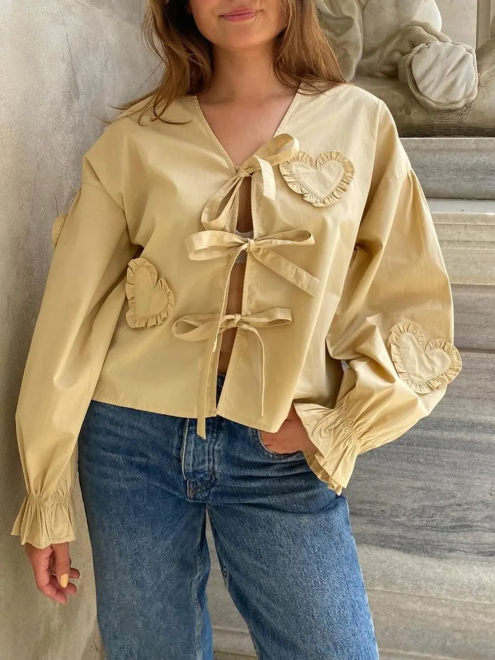 Pastel Yellow Tied Flounce Sleeve Blouse | Blouses Daverri Fashions