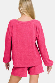 Zenana V-Neck Long Sleeve Ribbed Top and Shorts Set | Outfit Sets Daverri Fashions