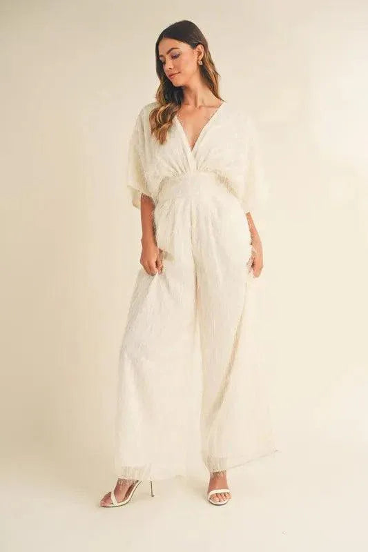 MABLE Fluffy Deep V Neck Wide Leg Jumpsuit - DAVERRI FASHIONS