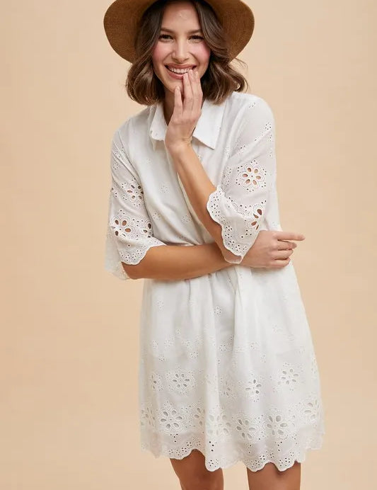 Annie Wear Embroidered Scallop Edge Detail Mini Shirt Dress | Daverri Fashions