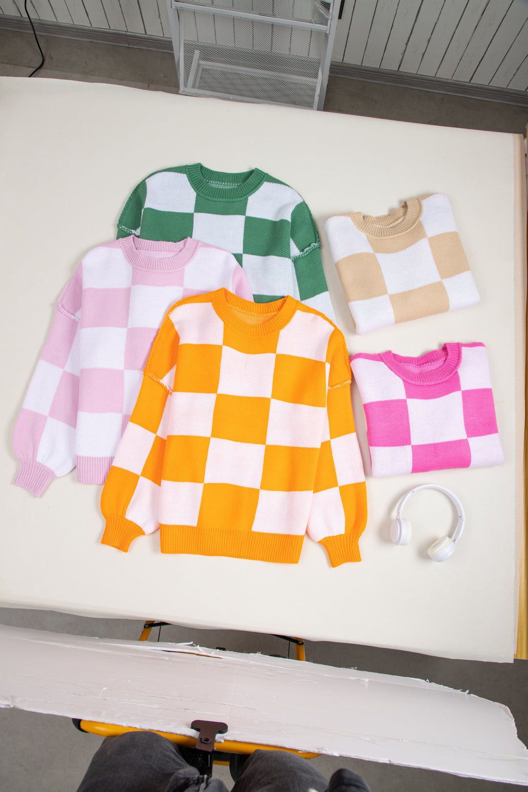 Checkered Bishop Sleeve Sweater | Sweaters Daverri Fashions