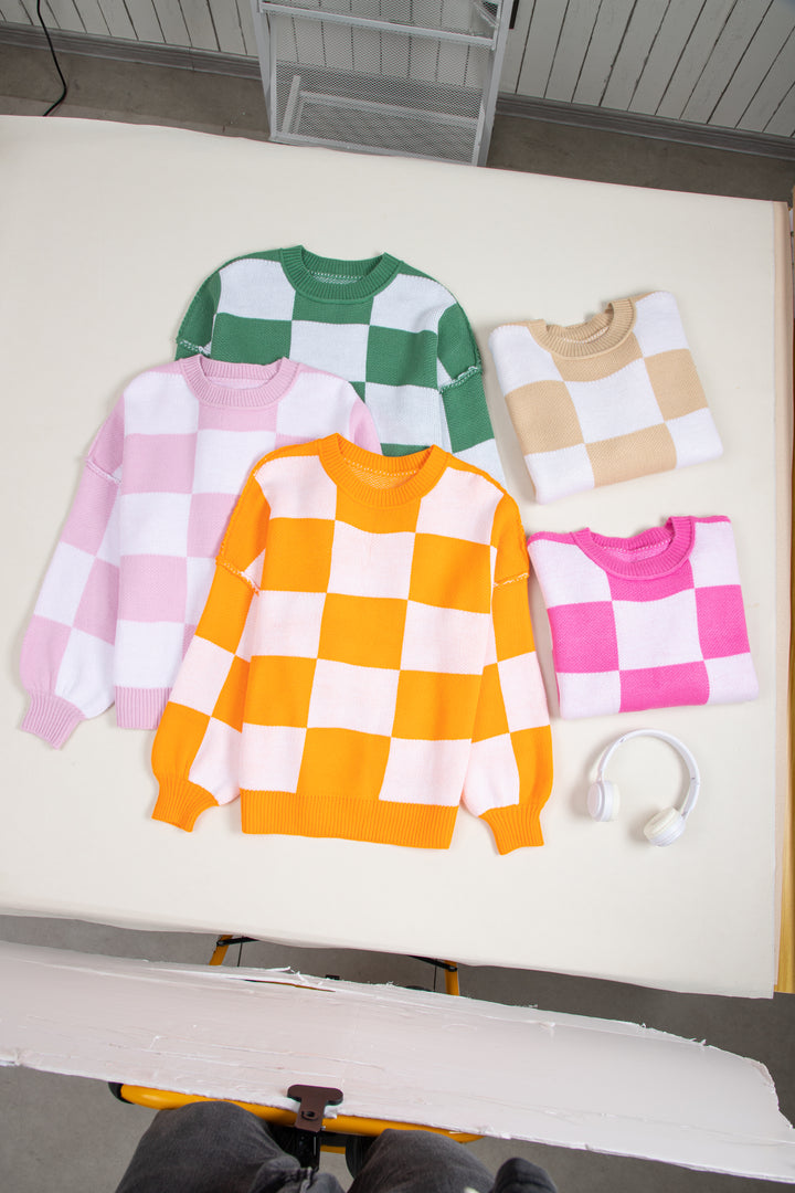Checkered Bishop Sleeve Sweater | Sweaters Daverri Fashions