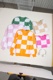 Checkered Bishop Sleeve Sweater | Sweaters Daverri Fashions