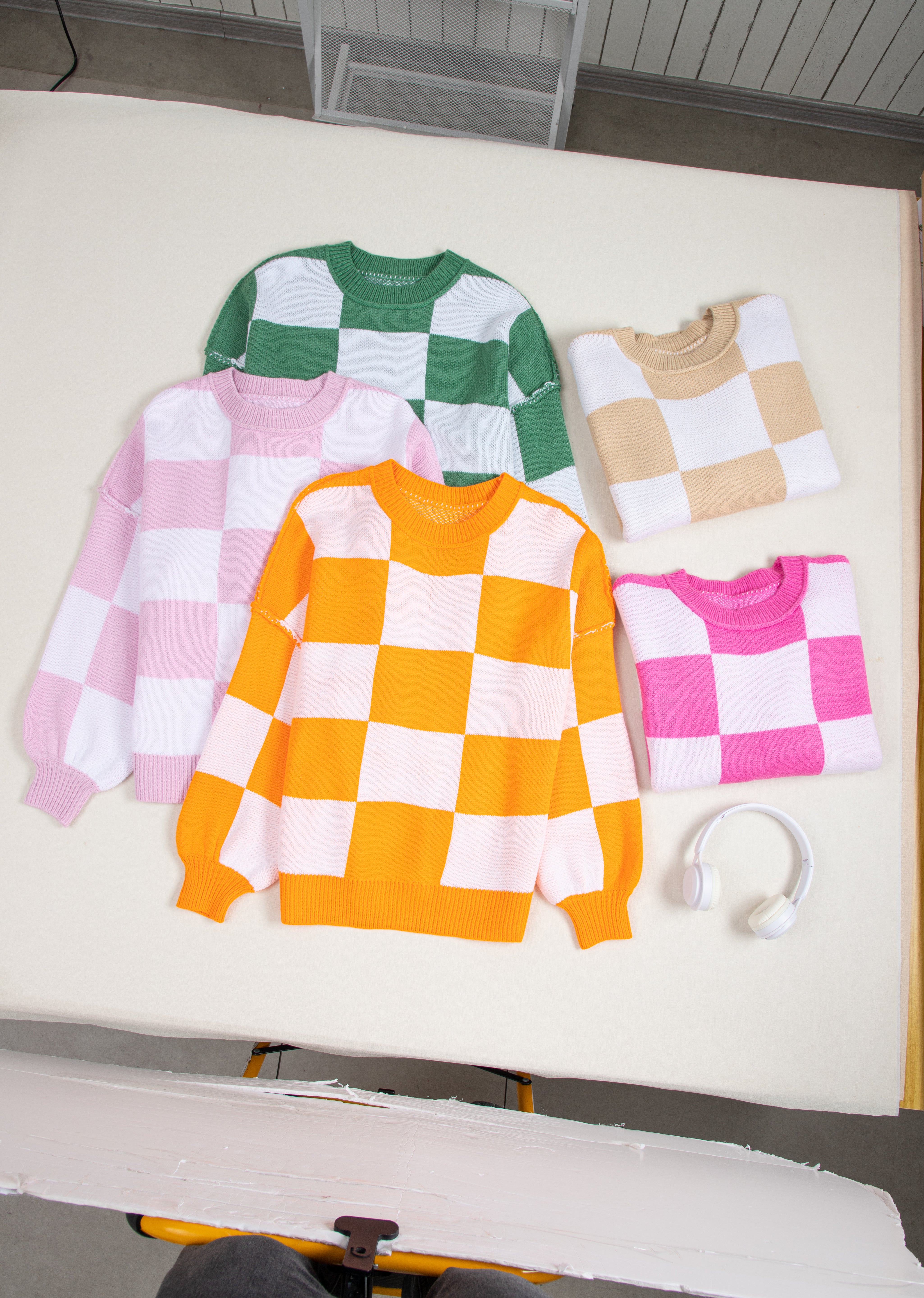 Checkered Bishop Sleeve Sweater | Sweaters Daverri Fashions