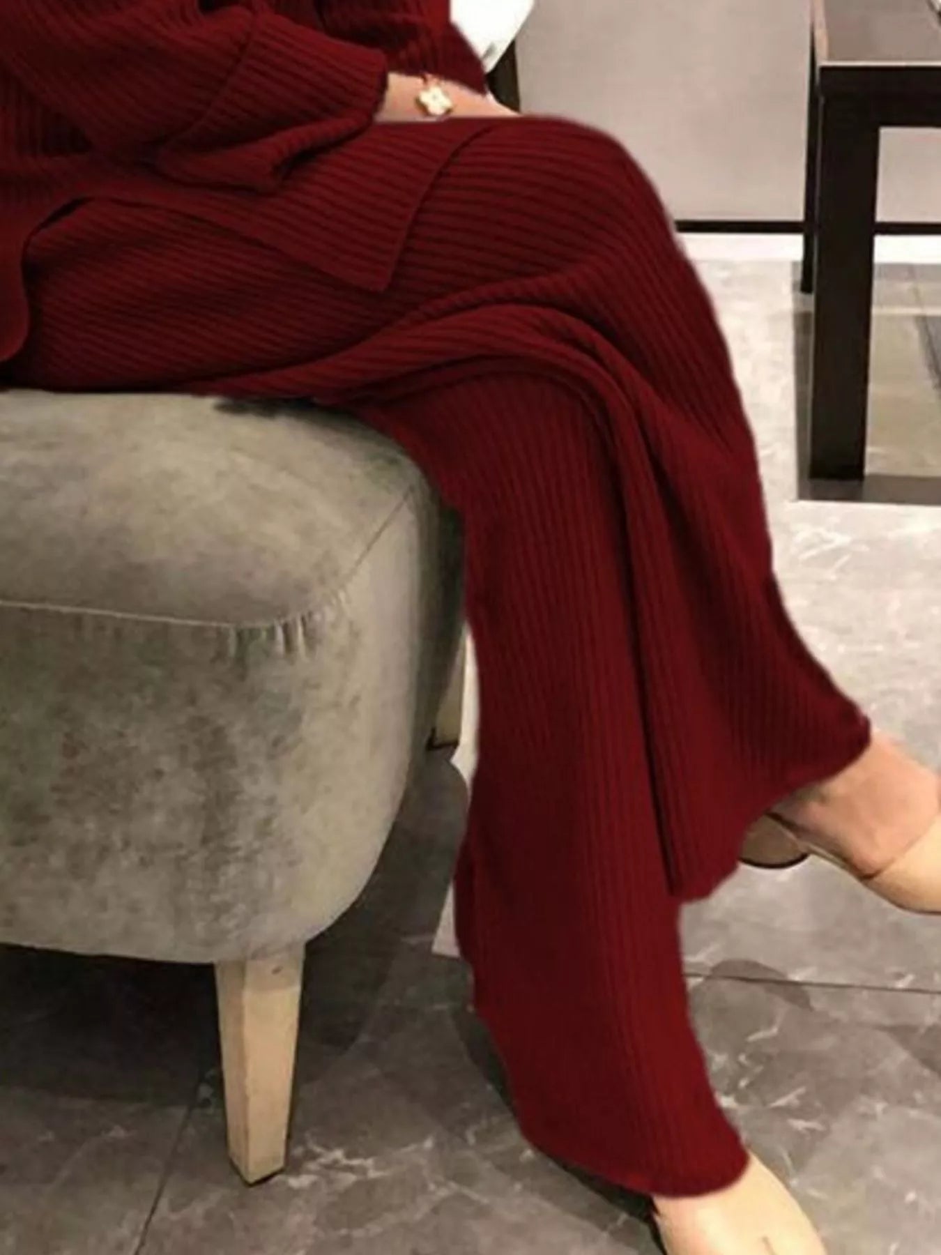 Deep red ribbed knit pants from plus size sweater set