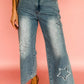 Star embroidered high waist wide leg light-wash denim jeans