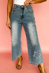 Star embroidered high waist wide leg light-wash denim jeans