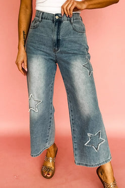 Star embroidered high waist wide leg light-wash denim jeans