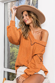 BiBi Textured Exposed Seam Drop Shoulder Knit Top Rust