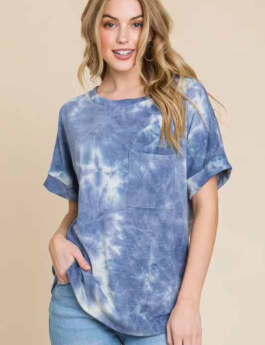 Dusty Blue BOMBOM Tie-Dye Round Neck Short Sleeve T-Shirt | Daverri Fashions
