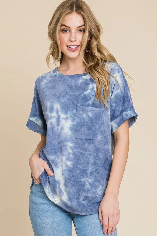 BOMBOM Tie-Dye Round Neck Short Sleeve T-Shirt Dusty Blue