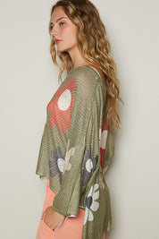 POL Flower Dropped Shoulder Long Sleeve Knit Top