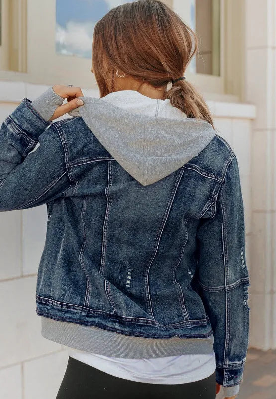 Faux Two-Piece Hooded Zip-Up Denim Jacket | Denim Jackets Daverri Fashions