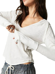 White Exposed Seam Notched Long Sleeve T-Shirt | T-Shirts Daverri Fashions