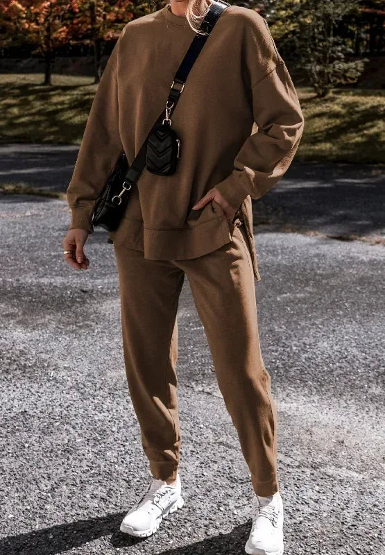 Side Slit Round Neck Long Sleeve Top and Pants Set - DAVERRI FASHIONS