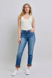 Judy Blue Full Size Plaid Print Cuff Straight Leg Jeans with Pockets - DAVERRI FASHIONS