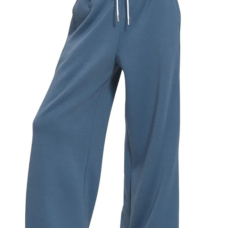 Zenana Scuba Drawstring Pants in dusty blue with wide-leg design