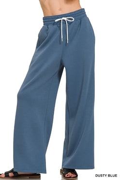 Zenana Scuba Drawstring Pants Dusty Blue - DAVERRI FASHIONS