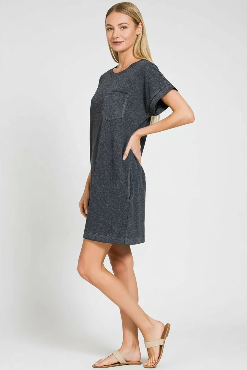 Zenana Premium Cotton Washed dark gray T-shirt dress with pocket and slits