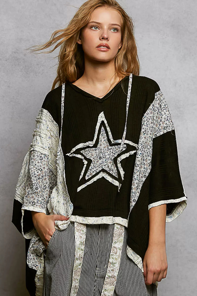 Black and white POL Floral Star Patch hooded blouse with lace details