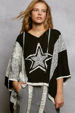 Black and white POL Floral Star Patch hooded blouse with lace details