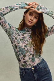 SO ME floral print mesh knit long-sleeve bodysuit with jeans