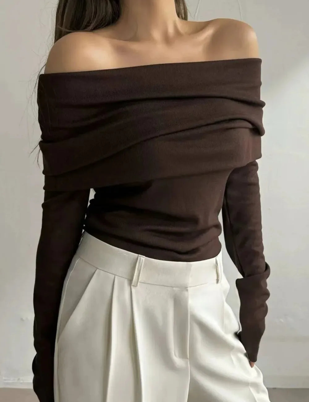 Coffee Brown Off-Shoulder Long Sleeve Knit Top | Knit Tops Daverri Fashions