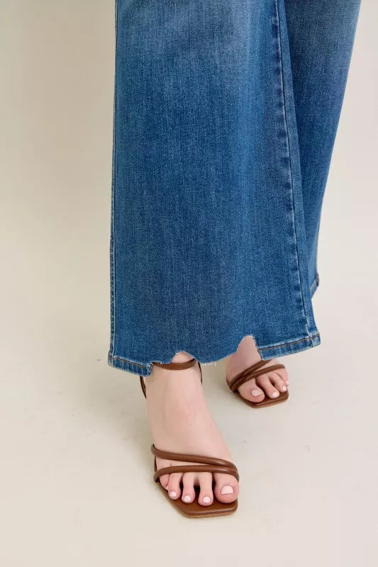 Judy Blue Full Size High Waist Tummy Control Chew Hem Destroy Wide Jeans Plus Size | Jeans Daverri Fashions