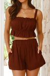 Daverri brown ruffled square neck cami and high-waisted shorts set