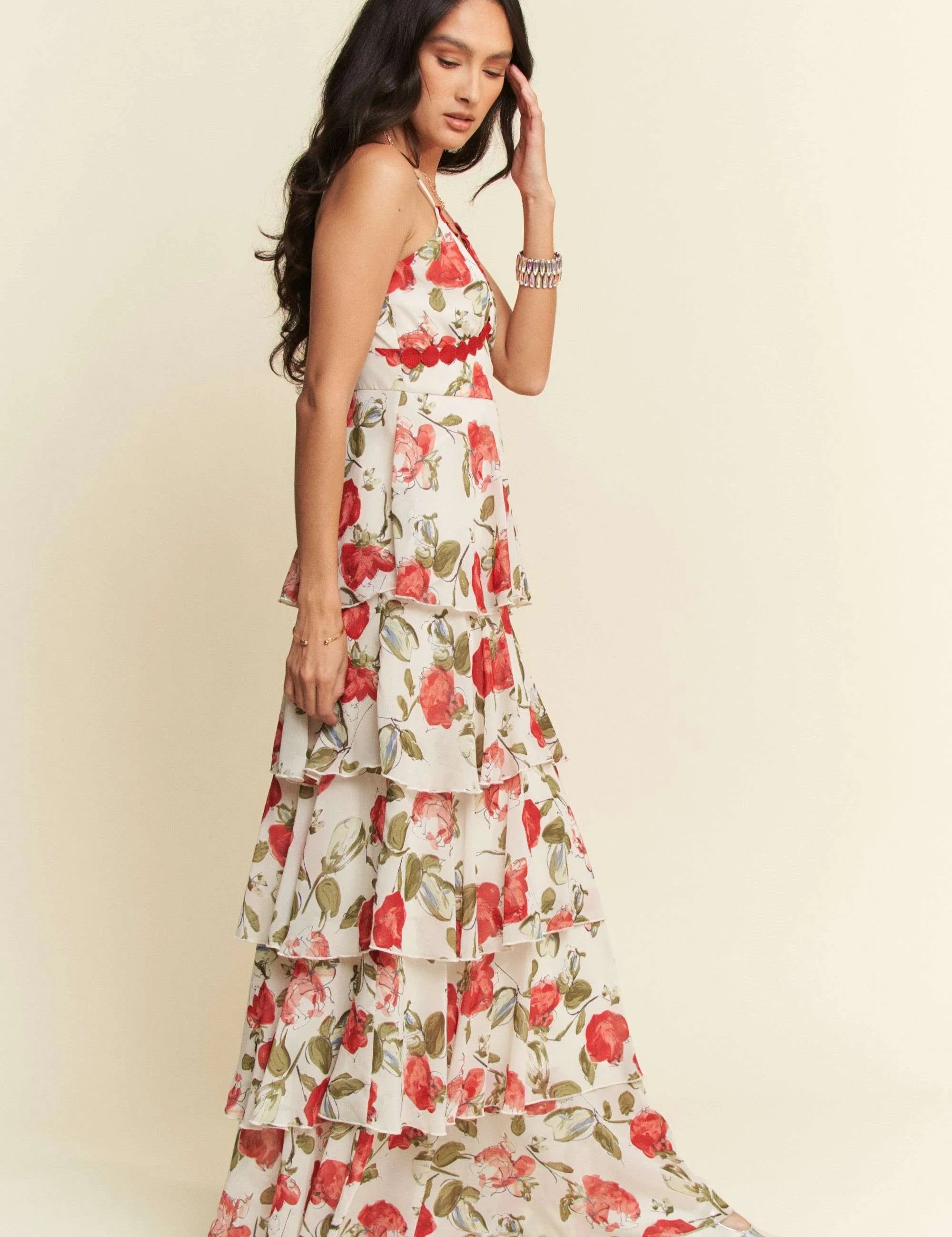 Davi & Dani Contrast Ring Lace Layered Ruffle Maxi Cami Dress | Cami Dresses Daverri Fashions