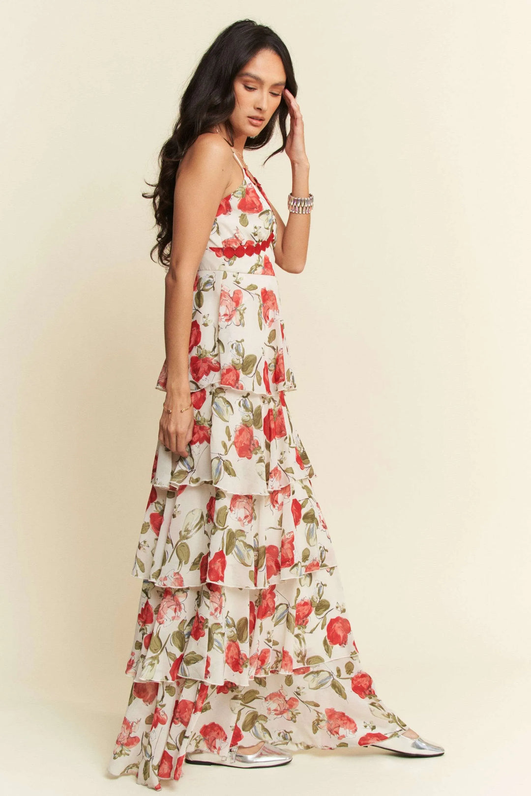 Davi & Dani Contrast Ring Lace Layered Ruffle Maxi Cami Dress Cami Dresses