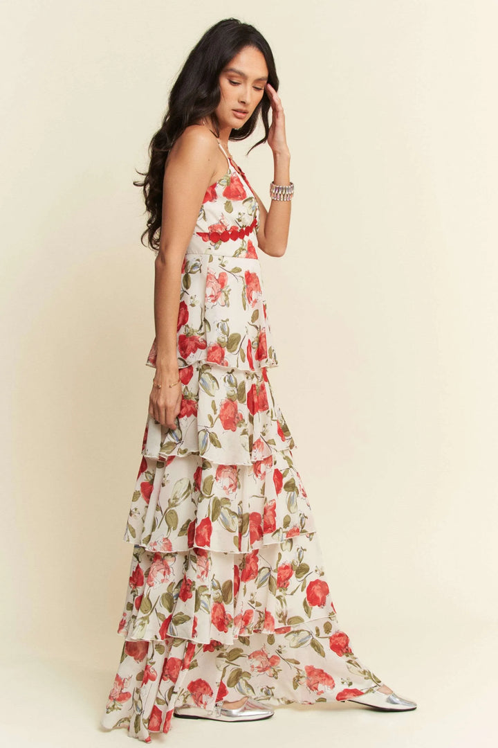Davi & Dani Contrast Ring Lace Layered Ruffle Maxi Cami Dress Cami Dresses