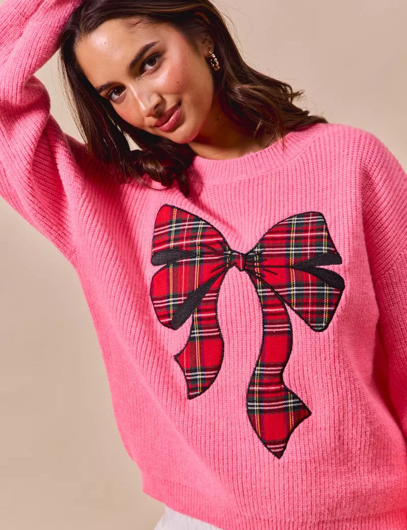 SO ME Checker Plaid Ribbon Christmas Holiday Sweater | Sweaters Daverri Fashions