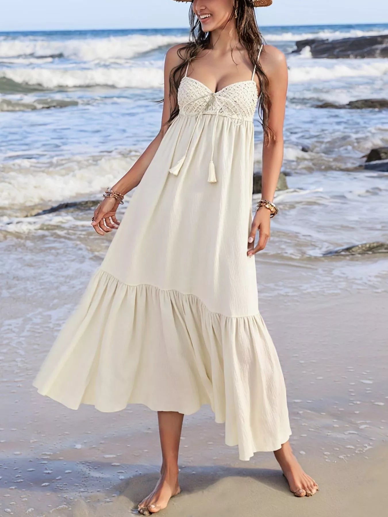 Daverri beige crochet-trimmed tiered maxi dress with tassels